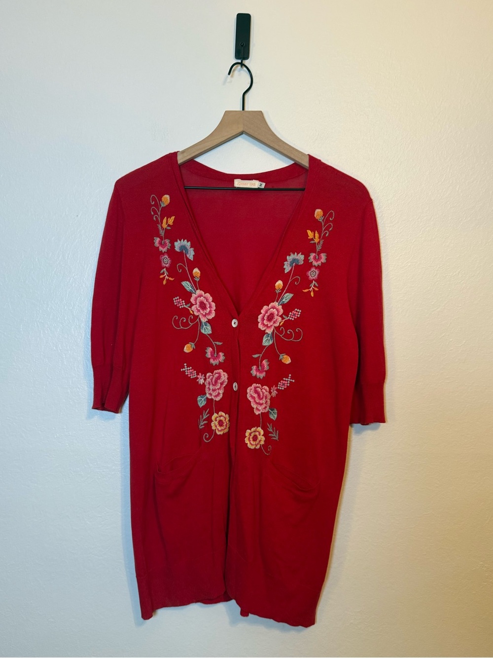 Johnny Was Oversized Short Sleeve Floral Embroidered Cardigan